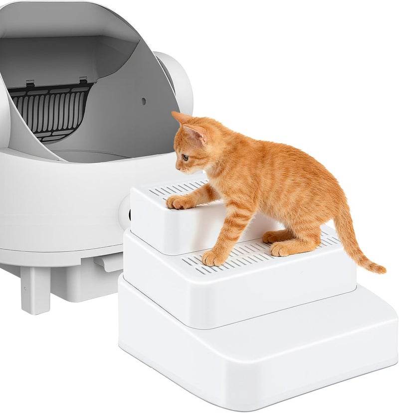 Himake Adjustable 3 Steps Litter Box Ramp, Cat Ramp for Litter Box with Litter Trapper, Litter Box Step for Small & Elderly Cats, Fits Automatic Litter Boxes (White) - Image 1